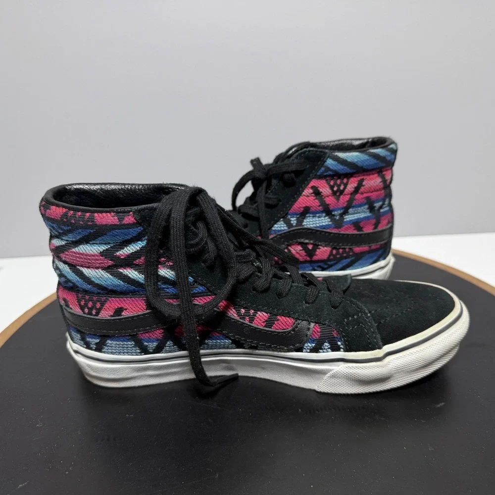 Vans Sk8 Hi Women Size 5 Geometric Tribal Woven High Top Black Pink Skate Casual